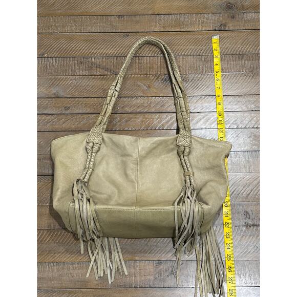 DAY & MOOD Khaki Green Leather 10 x 12 Slouchy Fringed Handbag - Picture 8 of 15